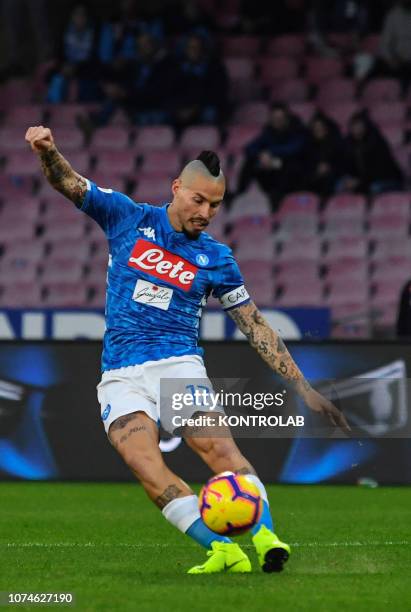 Napoli's Slovakian midfielder Marek Hamsik kicks the ball during the Italian Serie A football match SSC Napoli vs SPAL Ferrara on December 22 2018 at...