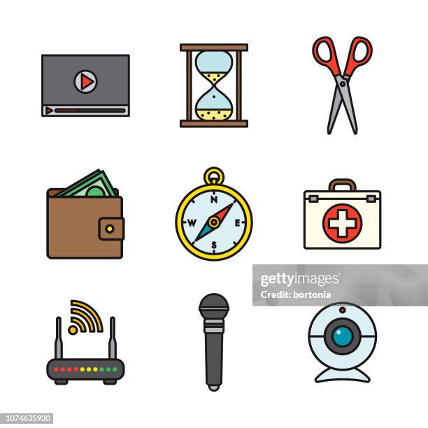 interface thin line icon set - microphone on empty stage stock illustrations