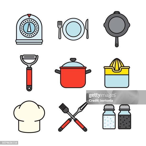 kitchen tools thin line icon set - juice squeeze stock illustrations