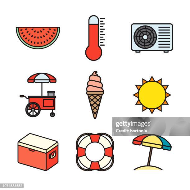 summer thin line icon set - heatwave stock illustrations
