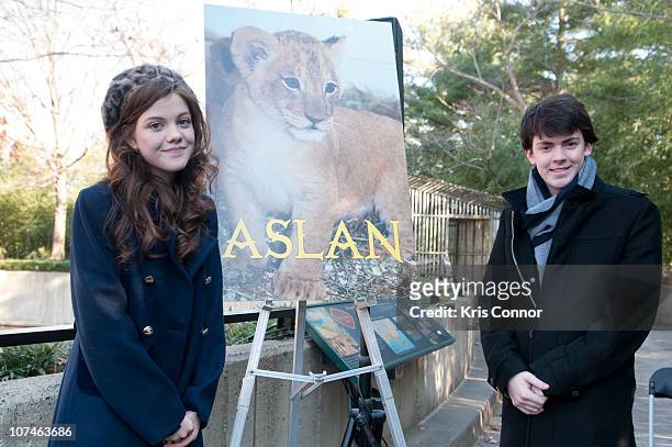 Georgie Henley and Skandar Keynes pose for a photo during the Smithsonian's National Zoo Lion Cub naming ceremony at Smithsonian National Zoological...