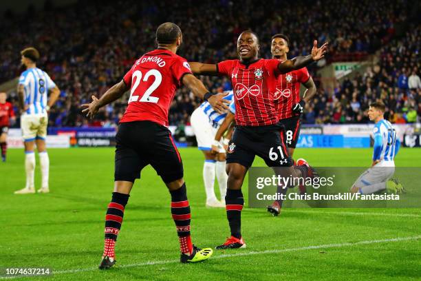 Michael Obafemi of Southampton FC celebrates scoring his sides third goal during the Premier League match between Huddersfield Town and Southampton...