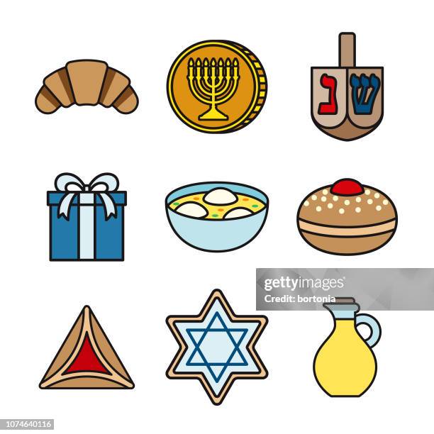 hanukkah thin line icon set - matzo ball soup stock illustrations