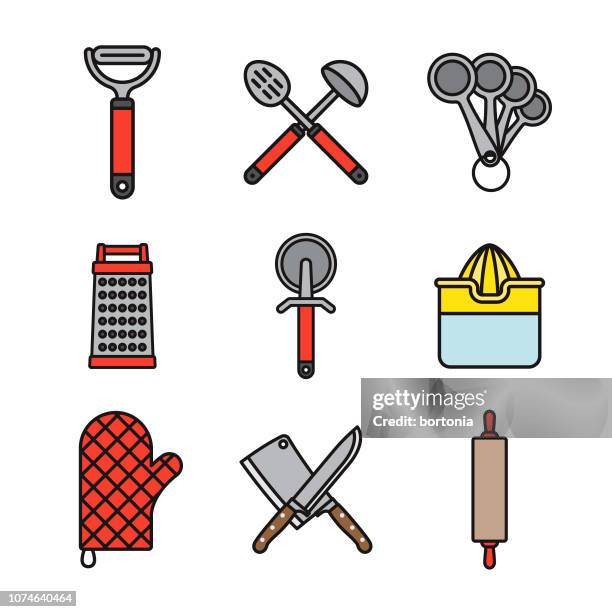 kitchen tools thin line icon set - ladle stock illustrations