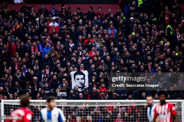 Supporters of Atletico Madrid, Gabi of Atletico Madrid during the La Liga Santander match between Atletico Madrid v Espanyol at the Estadio Wanda...