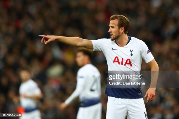 Harry Kane of Tottenham Hotspur issues instructions to his team-mates during the Group B match of the UEFA Champions League between Tottenham Hotspur...
