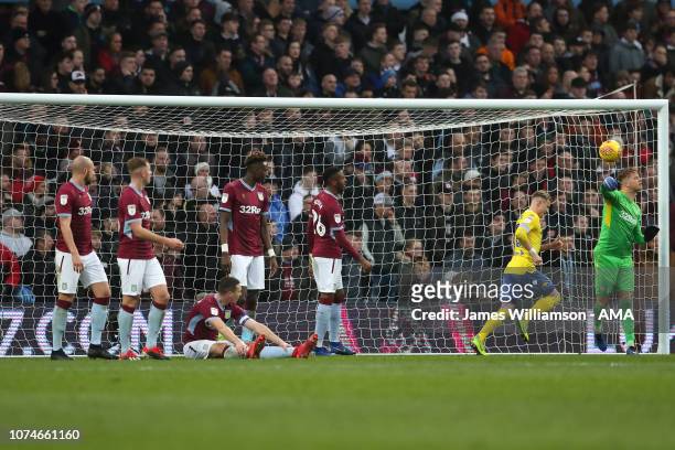 Dejected Villa players after Pontus Jansson of Leeds United scored a goal to make it 2-2 during the Sky Bet Championship match between Aston Villa...