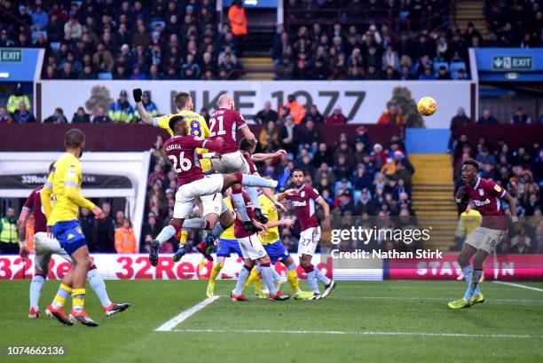 Pontus Jansson of Leeds United scores his sides second goal during the Sky Bet Championship match between Aston Villa and Leeds United at Villa Park...