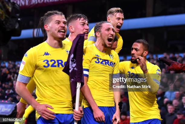 Luke Ayling of Leeds United and team mates celebrate infront of the away fans during the Sky Bet Championship match between Aston Villa and Leeds...