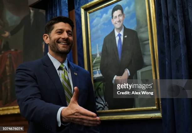 Speaker of the House Rep. Paul Ryan gestures during an unveiling event at the U.S. Capitol November 29, 2018 in Washington, DC. Speaker Ryan attended...