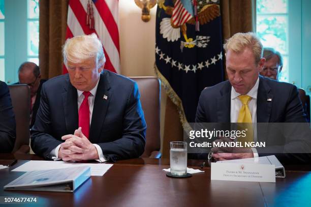 In this picture dated August 16, 2018 in Washington, DC US President Donald Trump and Deputy Secretary of Defense Patrick Shanahan , bow their heads...