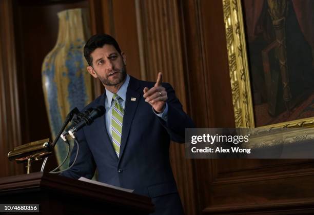 Speaker of the House Rep. Paul Ryan speaks during an unveiling event at the U.S. Capitol November 29, 2018 in Washington, DC. Speaker Ryan attended...