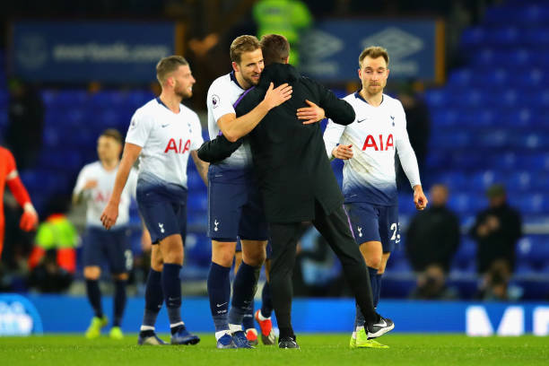 Harry Kane of Tottenham Hotspur hugs Manager of Tottenham Hotspur Mauricio Pochettino, after the Premier League match between Everton FC and...