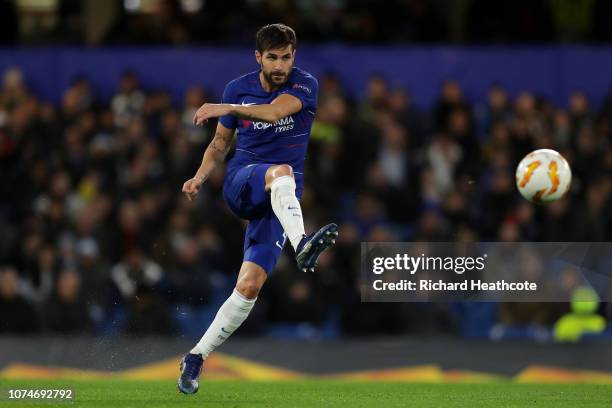 Cesc Fabregas of Chelsea in action during the UEFA Europa League Group L match between Chelsea and PAOK at Stamford Bridge on November 29, 2018 in...