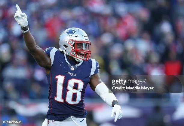 Matthew Slater of the New England Patriots celebrates during the second half against the Buffalo Bills at Gillette Stadium on December 23, 2018 in...