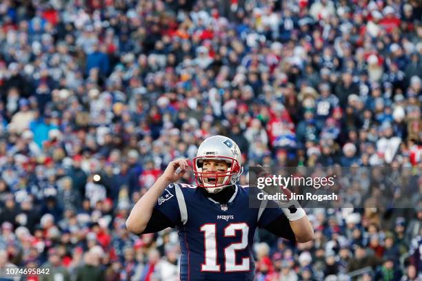 Tom Brady of the New England Patriots communicates at the line of scrimmage during the second half against the Buffalo Bills at Gillette Stadium on...