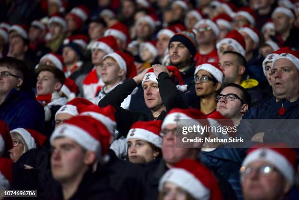 Southampton fan looks on nervously during the Premier League match between Huddersfield Town and Southampton FC at John Smith's Stadium on December...