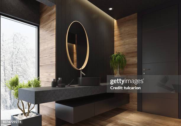 luxury villa minimalist black bathroom - large mirror stock pictures, royalty-free photos & images