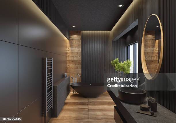 luxury villa minimalist black bathroom - domestic bathroom stock pictures, royalty-free photos & images