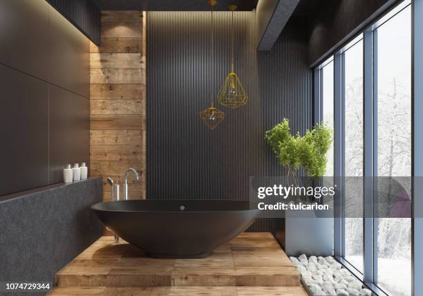 luxury villa minimalist black bathroom - big spotlights stock pictures, royalty-free photos & images