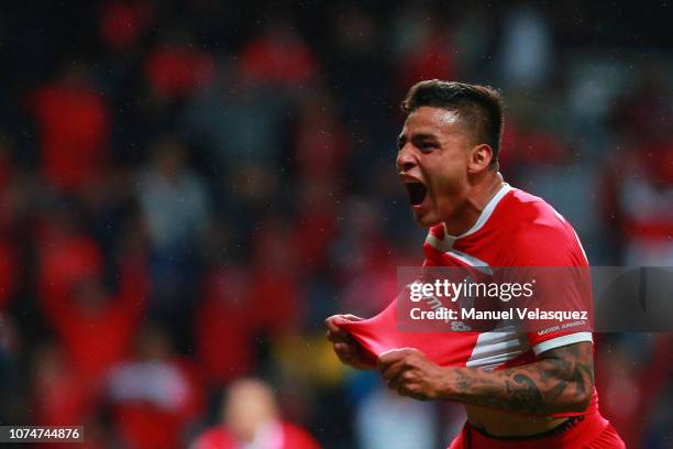 Ernesto Vega of Toluca celebrates after scoring the tying goal of the match during the quarter finals first leg match between Toluca and America as...