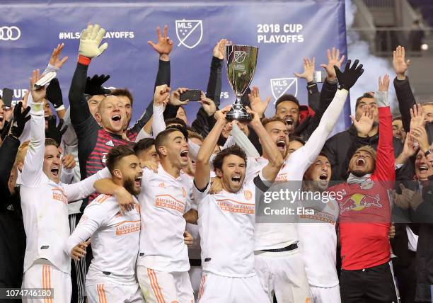 The Atlanta United FC celebrate their win of the Eastern Conference Finals Leg 2 match against the New York Red Bulls at Red Bull Arena on November...