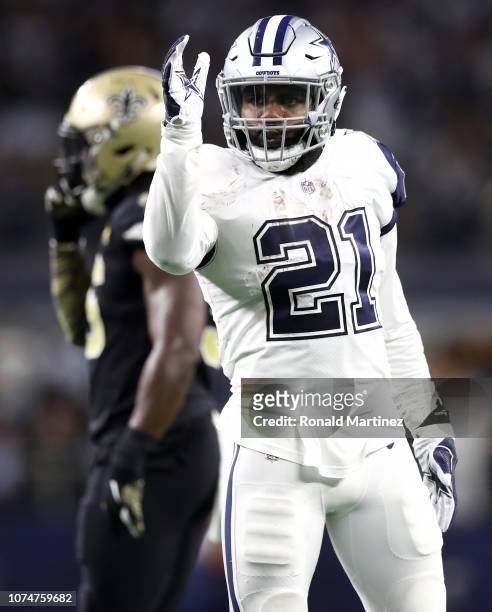 Ezekiel Elliott of the Dallas Cowboys reacts after running for a first down in the fourth quarter against the New Orleans Saints at AT&T Stadium on...