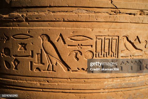 sand stone carving of egyptian god and goddess at temple of kom ombo locate at north aswan city egypt - hieroglyphics stockfoto's en -beelden