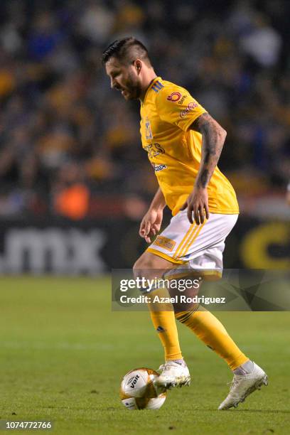 Andre-Pierre Gignac of Tigres controls the ball during the quarter finals first leg match between Tigres UANL and Pumas UNAM as part of the Torneo...