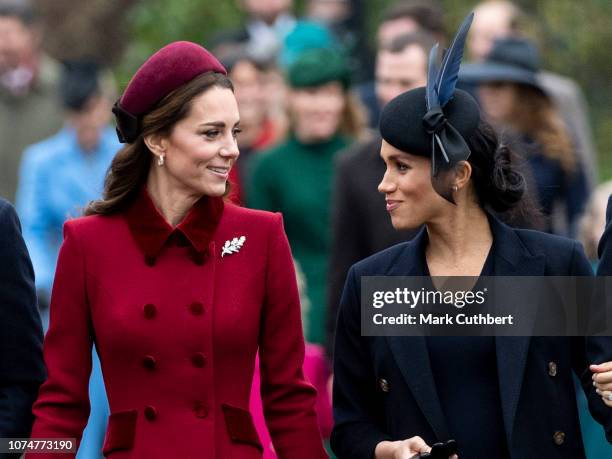 Catherine, Duchess of Cambridge and Meghan, Duchess of Sussex attend Christmas Day Church service at Church of St Mary Magdalene on the Sandringham...