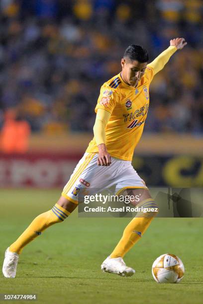 Hugo Ayala of Tigres kicks the ball during the quarter finals first leg match between Tigres UANL and Pumas UNAM as part of the Torneo Apertura 2018...