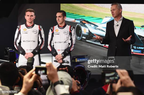 Corporate Vice President, Global Head of Marketing and Brand Strategy, Nissan Motor Co., Ltd Roel de Vries speaks on stage with racing drivers Oliver...