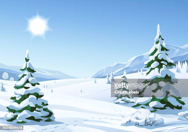 idyllische sonnige winterlandschaft - sonnig stock-grafiken, -clipart, -cartoons und -symbole