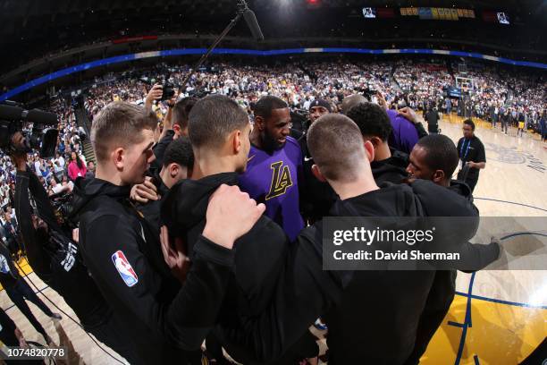 The Los Angeles Lakers huddle-up prior to a game against the Golden State Warriors on December 25, 2018 at ORACLE Arena in Oakland, California. NOTE...