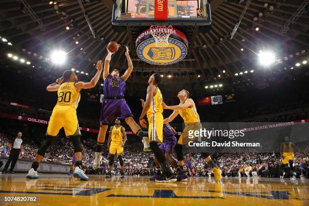Ivica Zubac of the Los Angeles Lakers shoots the ball against the Golden State Warriors on December 25, 2018 at ORACLE Arena in Oakland, California....