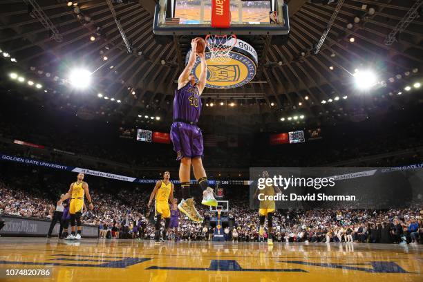 Ivica Zubac of the Los Angeles Lakers shoots the ball against the Golden State Warriors on December 25, 2018 at ORACLE Arena in Oakland, California....