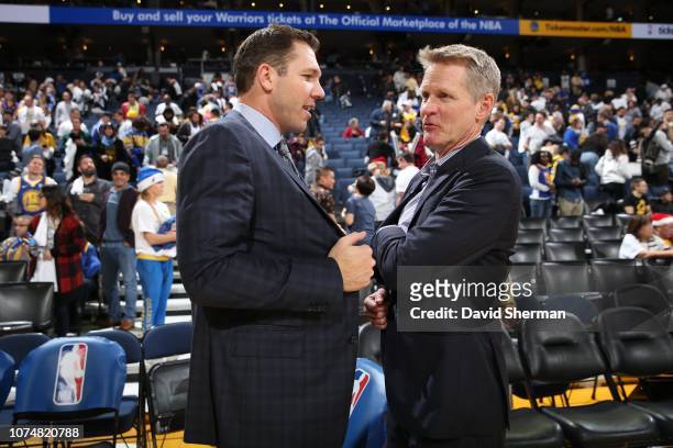 Head Coaches Luke Walton of the Los Angeles Lakers and Steve Kerr of the Golden State Warriors talk after a game on December 25, 2018 at ORACLE Arena...