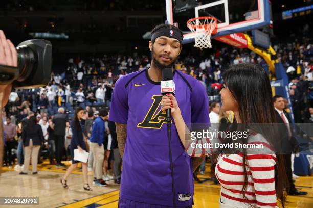 Brandon Ingram of the Los Angeles Lakers is interviewed after a game against the Golden State Warriors on December 25, 2018 at ORACLE Arena in...
