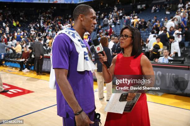 Rajon Rondo of the Los Angeles Lakers is interviewed after a game against the Golden State Warriors on December 25, 2018 at ORACLE Arena in Oakland,...
