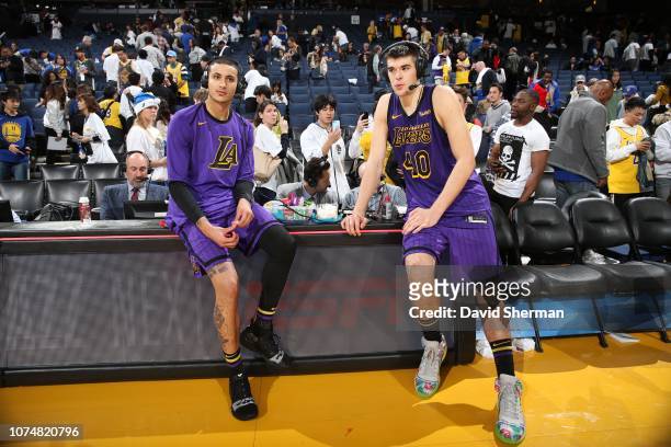 Kyle Kuzma and Ivica Zubac of the Los Angeles Lakers are interviewed after a game against the Golden State Warriors on December 25, 2018 at ORACLE...