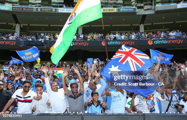 General view of Indian supporters in the crowd during day one of the Third Test match in the series between Australia and India at Melbourne Cricket...