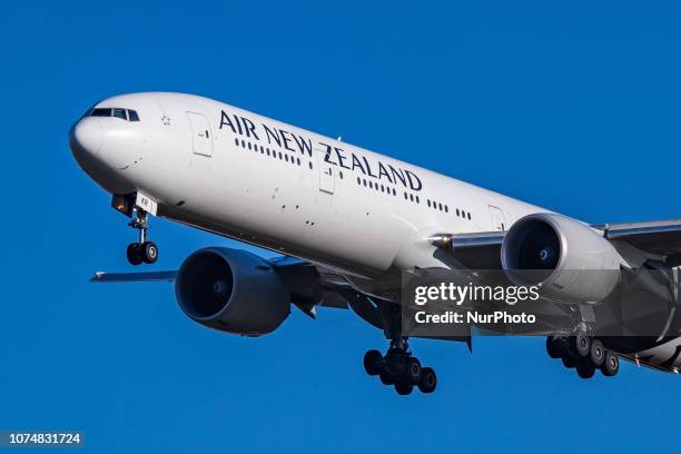 Air New Zealand Boeing 777 specifically Boeing 777-319 with registration ZK-OKR is landing at London Heathrow International Airport in The UK. Air...