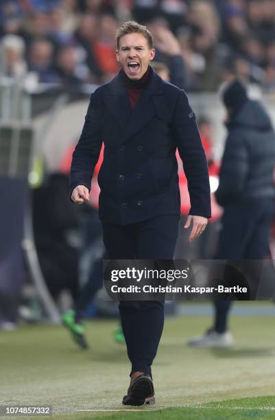 Head coach Julian Nagelsmann of TSG 1899 Hoffenheim reacts during the Group F match of the UEFA Champions League between TSG 1899 Hoffenheim and FC...