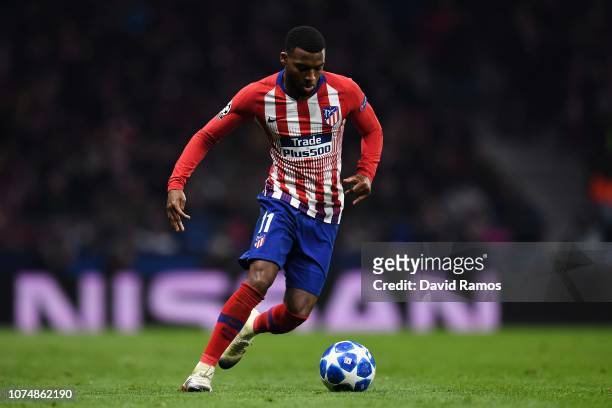 Thomas Lemar of Club Atletico de Madrid runs with the ball during the Group A match of the UEFA Champions League between Club Atletico de Madrid and...