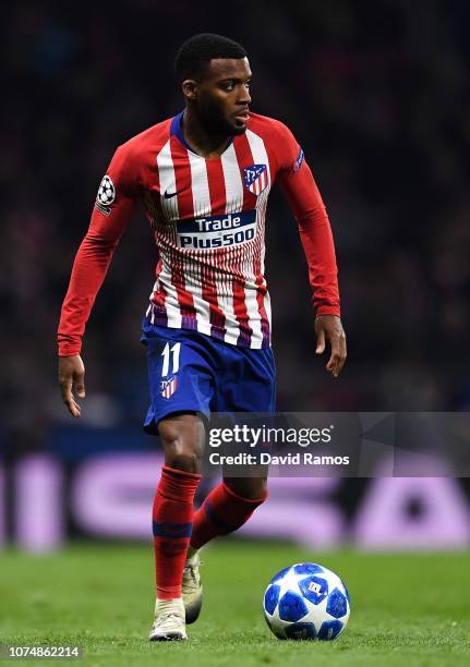 Thomas Lemar of Club Atletico de Madrid runs with the ball during the Group A match of the UEFA Champions League between Club Atletico de Madrid and...