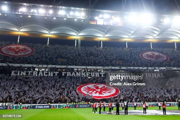 Fans of Frankfurt support their team prior to the UEFA Europa League Group H match between Eintracht Frankfurt and Olympique de Marseille at...