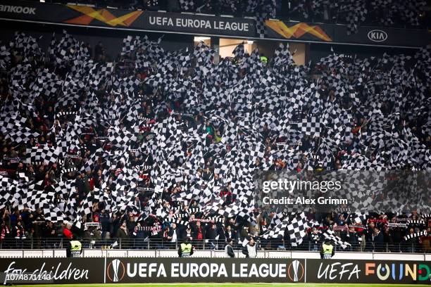 Fans of Frankfurt support their team prior to the UEFA Europa League Group H match between Eintracht Frankfurt and Olympique de Marseille at...