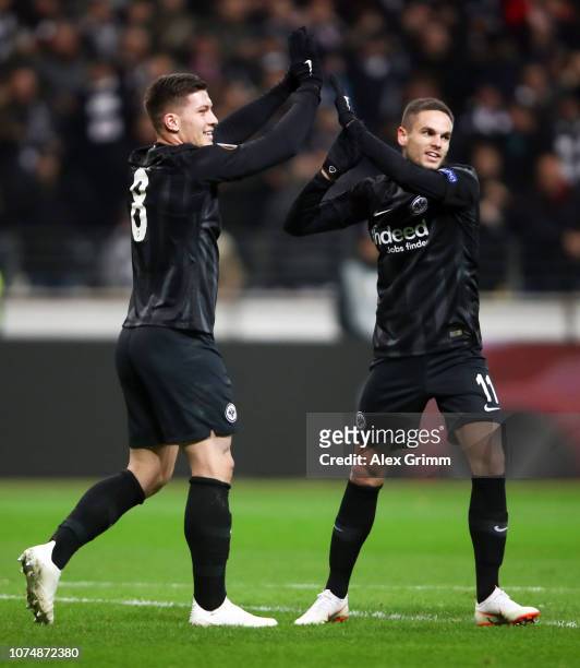 Luka Jovic and Mijat Gacinovic of Frankfurt celebrate their team's second goal during the UEFA Europa League Group H match between Eintracht...
