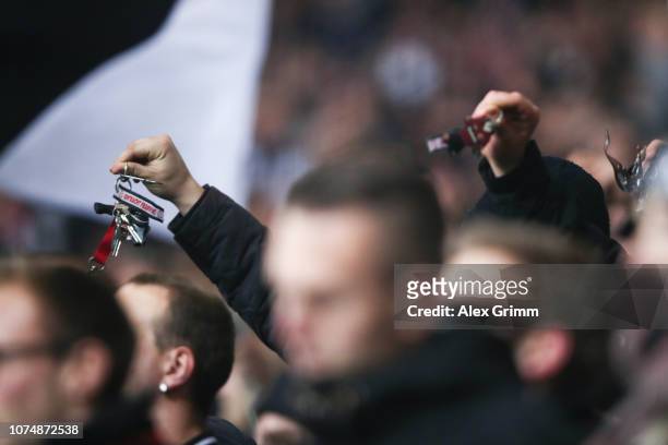 Fans of Frankfurt wave their key chains during the UEFA Europa League Group H match between Eintracht Frankfurt and Olympique de Marseille at...