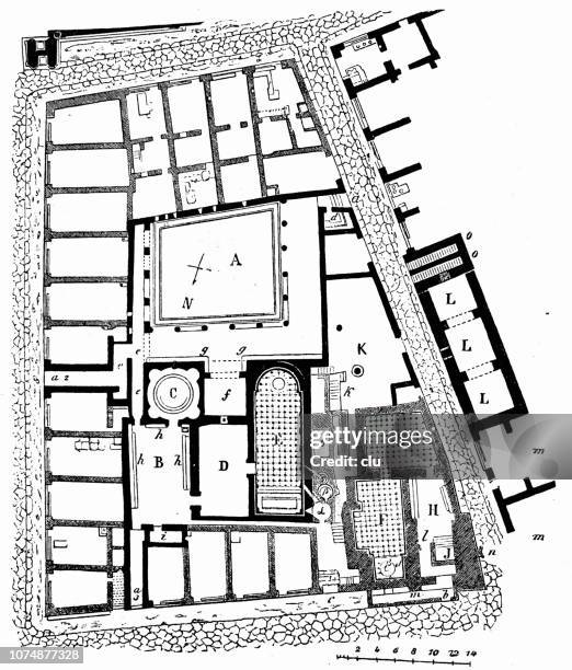 floor plan of the small thermal baths in pompeii - floor plan stock illustrations